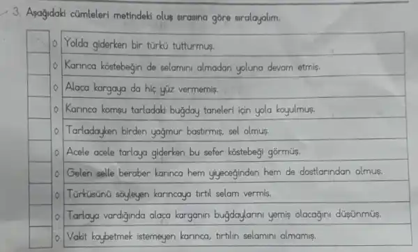 3. Asağidaki cümleleri metindeki olus sirasina gore siralayalim.
square  Yolda giderken bir türkü tutturmus.
square  Karinca kostebegin de selamini almadan yoluna devam etmis.
square  Alaca kargaya da hia yúz vermemis.
Karinca komsu tarladaki bujday taneleri icin yola koyulmus.
Tarladayken birden yağmur bastirmis, sel olmus.
Acele acele tarlaya giderken bu sefer kóstebeği gormús.
square 
square