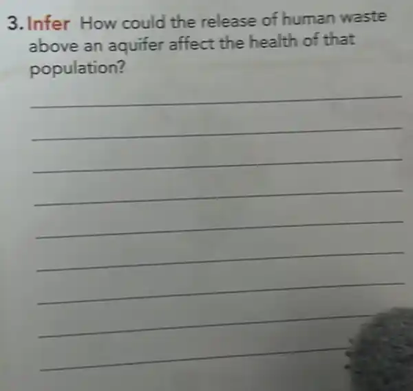 3. Infer How could the release of human waste
above an aquifer affect the health of that
population?
__