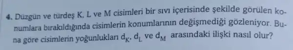 4. Düzgün ve türdes K, Lve M cisimleri bir sivi içerisinde sekilde gorulen ko-
numlara birakildiginda cisimlerin konumlarinin değişmedigi gõzleniyor . Bu-
na gore cisimlerin yogunluklan d_(K),d_(L) ve d_(M) arasindaki iliski nasil olur?