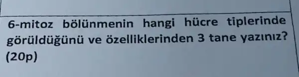 6-mitoz bolünmenin hangi húcre tiplerinde
gorüldügünü ve ozelliklerinden 3 tane yaziniz?
(20p)