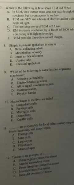7. Which of the following is false about TEM and SEM?
A. In SEM, the electron beam does not pass through th
specimen but is scan across its
B. TEM and SEM use a beam of electrons rather than
beam of light
C. The resolving power of SEM is 2.5 nm.
D. EM increases resolution by a factor of 1000 wh
comparing with light microscope
E. TEM provides three-dimensional images.
8. Simple squamous epithelium is seen in
__
A. Renal collecting tubule
B. Mesothelium of ovary
C. Inner surface of comea
D. Uterine tube
E. Intestinal epithelium
9. Which of the following is not a function of plasma
membrane?
A. Selective permeability
B. Electrochemical gradient
C. Allowing all molecules to pass
D. Communication
E. Physical barrier
10. Macrophages in the liver are called __
A. Langerhans cells
B. Purkinje cells
C. Microglial cells
D. Osteoclasts
E. Kupffer cells
11. __ are responsible for local inflammatory respon
innate immunity, and tissue repair.
A. Plasma cells
B. Mast cells
C. Leucocytes
D. Fibroblasts
E. Macrophages
12. Tendon is an example of .. __
A. Dense regular connective tissue
B. Areolar connective tissue
C. Dense irregular connective tissue
D. Mucoid connective tissue
E. Reticular connective tissue
