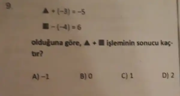 9
Delta +(-3)=-5
-(-4)=6
olduguna gồre, Delta +square  isleminin sonucu kaç-
tir?
A) -1
B) 0
C) 1
D) 2