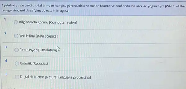 Aşagidaki yapay zekâ alt dallarindan hangisi, gorüntüdek nesneleri tanima ve siniflandirma (izerine yogunlaşir? (Which of the
recognizing and classifying objects in images?]
Bilgisayarla gorme [Computer vision]
Veri bilimi [Data science]
Simulasyon [Simulation)
Robotik [Robotics]
Dogal dil işleme [Natural language processing]