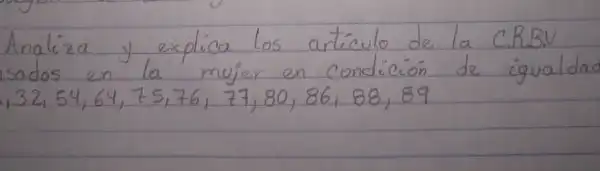 Analiza y explica los articulo de la CR.B.V sodos en la mujer en condición de igualdo 132,54,64,75,76,77,80,86,88,89