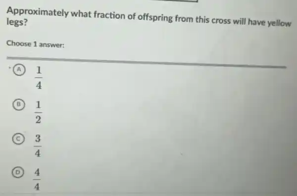 Approximately what fraction of offspring from this cross will have yellow
legs?
Choose 1 answer:
(A) A
(1)/(4)
(B) B
(1)/(2)
C
(3)/(4)
D
(4)/(4)