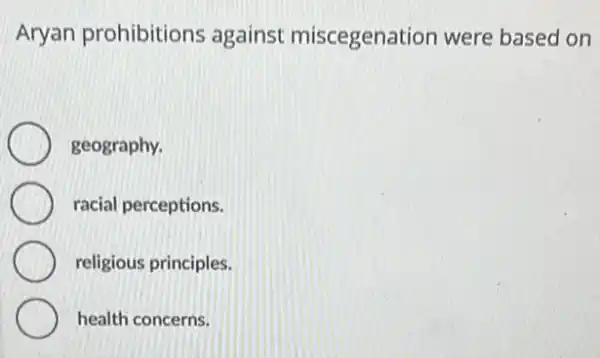 Aryan prohibitions against miscegenation were based on
geography.
racial perceptions.
religious principles.
health concerns.