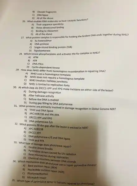 B) Okazaki fragments
C) DNA ligase
D) All of the above
26. What enables RNA molecules to have catalytic functions?
A) Their sequence specificity
B) Three-dimensiona folding
C) Binding to ribosomes
27. What protein complex is responsible for holding the broken DNA ends together during NHEI?
D) All of the above
A) Ku heterodimer
B) DNA primase
C)
single strand binding protein (SSB)
D) Topoisomerase
28. Which kinase phosphorylates and activates the Ku complex in NHE]?
A) ATM
B) ATR
C) DNA-PKCS
D) Cyclin-dependent kinase
29. How does NHE differ from homologous recombination in repairing DNA?
A) NHEJ uses a homologous template
B) NHE] does not require a homologous template
C) NHEl involves Holliday junctions
D) NHEJ is limited to replication forks
30. At which step do ERCC1-XPF and XPG make incisions on either side of the lesion?
A) During damage recognition
B) After helicase activity
C) Before the DNA is melted
D) During gap filling by DNA polymerase
31. What proteins are primarily involved in damage recognition in Global Genome NER?
A) TFIIH and DNA ligase
B) XPC-hHR23B and XPA-RPA
C) ERCC1-XPF and XPG
D) DNA polymerase delta /varepsilon 
32. Which proteins fill the gap after the lesion is excised in NER?
A) XPC-hHR23B
B) ERCC1-XPF
C) DNA polymerase E/6 and DNA ligase
D) TFIIH and RPA
33. What type of damage does photolyase repair?
A) Double-strand breaks
B) Pyrimidine dimers caused by UV radiation
C) Base mismatches during replication
D) Chemical crosslinks between DNA strands
34. Which mechanism does photolyase use to repair pyrimidine dimers?
A) Base excision repair (BER)
B) Nucleotide excision repair (NER)
C) Photoreactivation
D) Mismatch repair
35. Which type of pyrimidine dimer is typically repaired by photolyase?