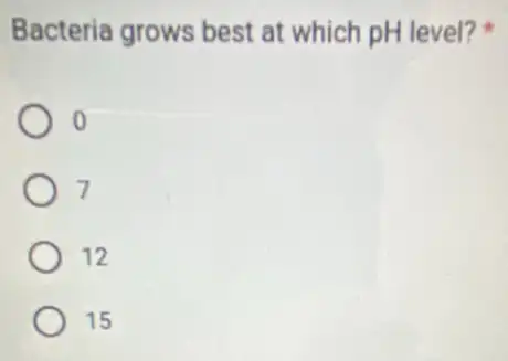 Bacteria grows best at which pH level?
o
7
12
15