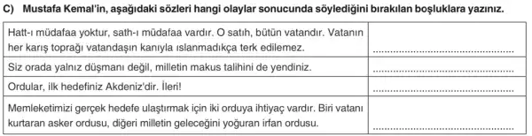 C) Mustafa Kemal'in, aşağıdaki sözleri hangi olaylar sonucunda söylediğini bırakılan boşluklara yazınız.

 }(l)
Hatt-1 müdafaa yoktur, sath-1 müdafaa vardir. O satıh, bütün vatandır. Vatanın 
her karış toprağı vatandaşın kanıyla sıanmadıkça terk edilemez.
 & 
 Siz orada yalnız düşmanı değil, milletin makus talinini de yendiniz. & 
 Ordular, ilk hedefiniz Akdeniz'dir. ileri! & 
 
Memleketimizi gerçek hedefe ulaştırmak için iki orduya ihtiyaç vardır. Biri vatanı 
kurtaran asker ordusu, diğeri milletin geleceğini yoğuran irfan ordusu.
 &