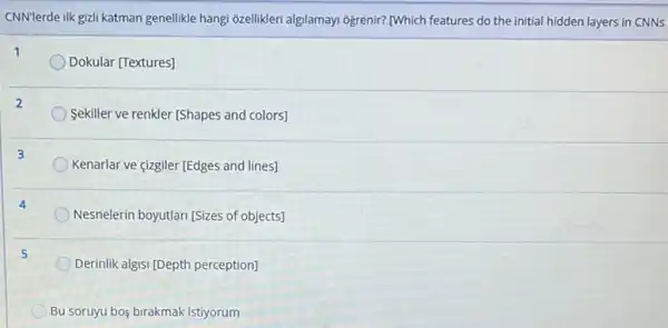 CNN'terde ilk gizli katman genelikle hangi 6zelikleri algilamay ôgrenir? (Which features do the initial hidden layers in CNNS
Dokular [Textures]
Sekiller ve renkler [Shapes and colors]
Kenarlar ve gizgiler [Edges and lines]
Nesnelerin boyutlan (Sizes of objects]
5
Derinlik algsi (Depth perception)
Bu soruyu bos birakmak istiyorum