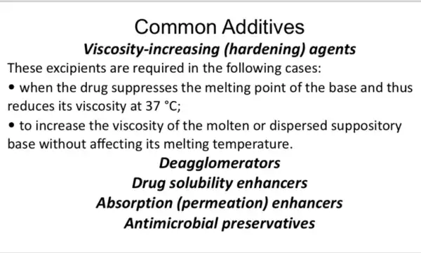 Common Additives
Viscosity-increasing (hardening)agents
These excipients are required in the following cases:
- when the drug suppresses the melting point of the base and thus
reduces its viscosity at 37^circ C
- to increase the viscosity of the molten or dispersed suppository
base without affecting its melting temperature.
Deaggl omerators
Drug solubility enhancers
Absorption (permeation ) enhancers
Antimicrobial preservatives