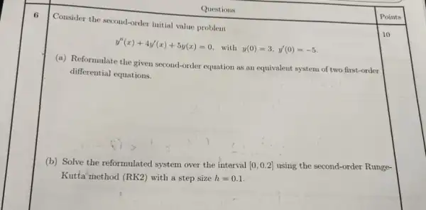 Consider the second-order initial value problem
y''(x)+4y'(x)+5y(x)=0
with y(0)=3,y'(0)=-5.
(a) Reformulate the given second-order equation as an equivalent system of two first-order
differential equations.
(b) Solve the reformulated system over the interval [0,0.2] using the second-order Runge.
Kutta'method (RK2) with a step size h=0.1