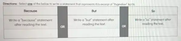 Directions: Select one of the below to write a statement that represents this excerpt of "Pygmalion" Act IV.
So
Write a so" statemen after
reading the text.
square 
square 
square