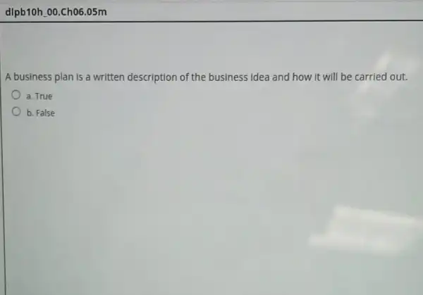 dlpb10h 00.Ch06 .05m
A business plan is a written description of the business idea and how it will be carried out.
a. True
b. False