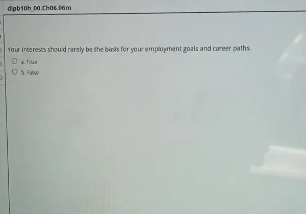 dlpb10h.00.Ch06.06m
Your Interests should rarely be the basis for your employment goals and career paths.
a. True
b. False