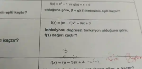 in esiti kaçtir?
a kaçti r?
f(x)=x^2-1veg(x)=x+4
old uguna gōre, (f+g)(1) ifad lesinin esiti kactir?
f(x)=(m-2)x^2+mx+3
fon ksiyonu dog rusal fonksi yon old ugu na gore,
f(1) de ǎeri ka ctir?