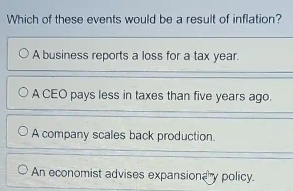 Which of these events would be a result of inflation?
A business reports a loss for a tax year.
OACEO pays less in taxes than five years ago.
A company scales back production.
An economist advises expansionery policy.