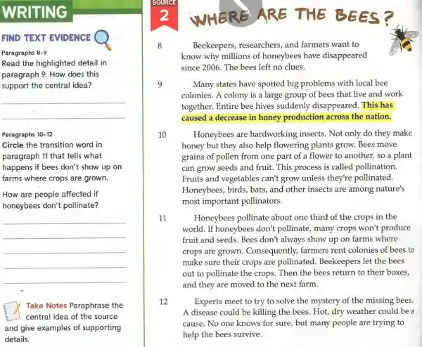 FIND TEXT EVIDENCE
Paragraphs 8-9
Read the highlighted detail in
paragraph 9. How does this
support the central idea?
__
Paragraphs 10-12
Circle the transition word in
paragraph 11 that tells what
happens if bees don't show up on
farms where crops are grown.
How are people affected if
honeybees don't pollinate?
__
Take Notes Paraphrase the
central idea of the source
and give examples of supporting
details.
8	Beekeepers researchers, and farmers want to
know why millions of honeybees have disappeared
since 2006. The bees left no clues.
9	Many states have spotted big problems with local bee
colonies. A colony is a large group of bees that live and work
together. Entire bee hives suddenly disappeared. This has
caused a decrease in honey production across the nation.
10	Honeybees are hardworking insects . Not only do they make
honey but they also help flowering plants grow. Bees move
grains of pollen from one part of a flower to another, so a plant
can grow seeds and fruit. This process is called pollination.
Fruits and vegetables can't grow unless they're pollinated.
Honeybees, birds,, bats, and other insects are among nature's
most important pollinators.
11	Honeybees pollinate about one third of the crops in the
world. If honeybees don't pollinate, many crops won't produce
fruit and seeds. Bees don't always show up on farms where
crops are grown . Consequently farmers rent colonies of bees to
make sure their crops are pollinated . Beekeepers let the bees
out to pollinate the crops. Then the bees return to their boxes,
and they are moved to the next farm.
12	Experts meet to try to solve the mystery of the missing bees.
A disease could be killing the bees. Hot,dry weather could be a
cause. No one knows for sure, but many people are trying to
help the bees survive.
WHERE ARE THE BEES?