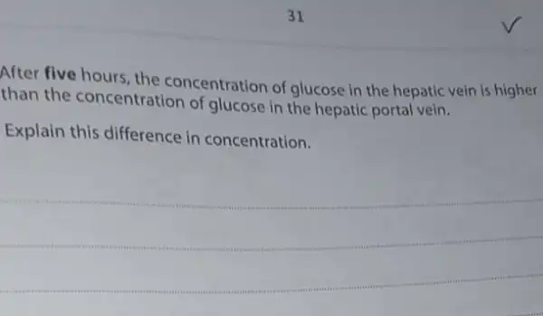 After five hours, the concentration of glucose in the hepatic vein is higher
than the concentration of glucose in the hepatic portal vein.
Explain this difference in concentration.
__