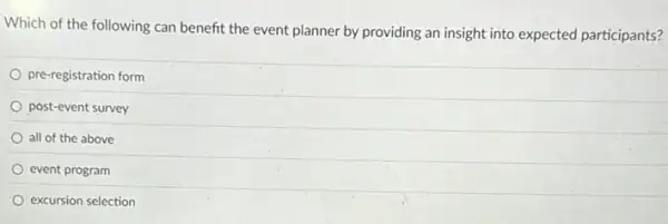 Which of the following can benefit the event planner by providing an insight into expected participants?
pre-registration form
post-event survey
all of the above
event program
excursion selection