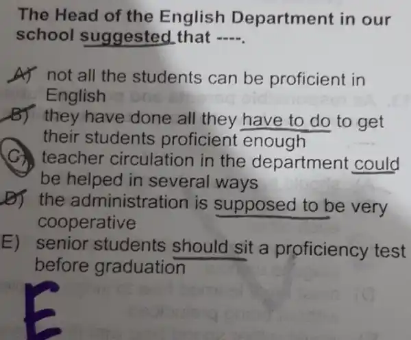 The Head of the English Department in our
school suggested that __
A) not all the students can be proficient in
English
B) they have done all they have to do to get
their students proficient enough
C. teacher circulation in the department could
be helped in several ways
the administration is supposed to be very
cooperative
E) senior students should sit a proficiency test
before graduation