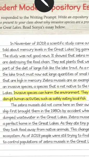 ident Mod
pository Es
responded to the Writing Prompt:Write an expository
present to your class about why invasive species are a pro
e Great Lakes.Read Sonya's essay below.
In November of 2019.a scientific study came ou
told about mercury levels in the Great Lakes' big game
The study was not good news. It showed that zebra m
are destroying the food chain.They eat plants that we
part of the diet of large fish like the lake trout. As an
the lake trout must now eat large quantities of small
that are high in mercury.Zebra mussels are an exampl
an invasive species,a species that is not native to the
Lakes. Invasive species can harm the environment.They
disrupt human activities, such as safely eating local fish.
The zebra mussels did not come here on their ow
ship first brought them in the 1980s by accident whe
dumped wastewater in the Great Lakes.Zebra musse
a perfect home in the Great Lakes.As they ate tiny p
they took food away from native animals.This change
ecosystem. As of 2019. people were still trying to find
to control populations of zebra mussels in the Great L