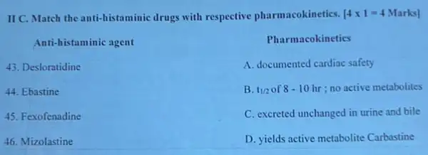 II C. Match the anti-histaminic drugs with respective pharmacokinetics. [4times 1=4Marks]
Anti-histaminic agent
43. Desloratidine
44. Ebastine
45. Fexofenadine
46. Mizolastine
Pharmacokinetics
A. documented cardiac safety
B. t_(1/2) of 8-10hr no active metabolites
C. excreted unchanged in urine and bile
D. yields active metabolite Carbastine