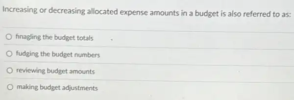 Increasing or decreasing allocated expense amounts in a budget is also referred to as:
finagling the budget totals
fudging the budget numbers
reviewing budget amounts
making budget adjustments