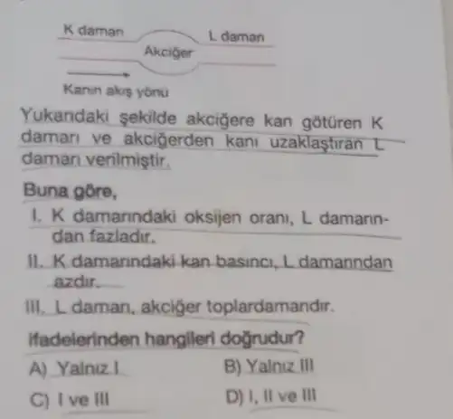 Kdaman
L daman
Akciger
Kanin akis yonu
Yukandaki sekilde akcigere kan goturen K
daman ve akciğerden kani uzaklastiran t
daman verilmiştir.
Buna gore,
1. K damanndaki oksijen orani, L damann-
dan fazladir.
II. Kdamanndakikan basinci, Ldamanndan
azdir. __
III. L daman, akciger toplardamandir.
ifadelerinden hangller dogrudur?
A) Yalniz I
B) Yalniz III
C) Ive III
D) I, II ve III