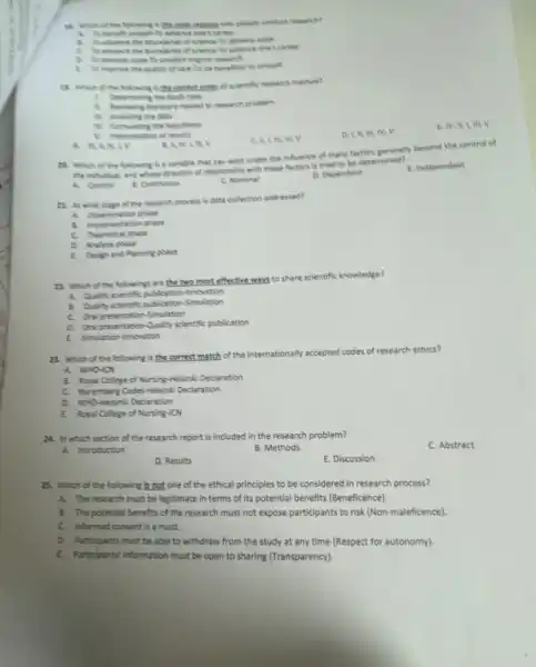 the main,remony why people conduct research?
one's career
of scence-to develop wake
tentaries of science to ahance one's career
to conduct original
1. No improve the qually of care to be beneficie to oneself
contenter of scientific research method?
bpe
1. Arviceing therature related to research problem
11. Analyong the data
IV, it, i, m, V
c a. I. M, III, V
D. I,II, III IV, V
A. man, L.v
. A. N, Lin, V
an which of the blowing is a variable that can exist under the influence of many factors generally beyond the control of
the indivital and whose dintion of relationship with these factors is tried to be determined?
A. Control
C. Nominal
D. Dependent
E. Independent
21. At what stage of the research process is data collection addressed?
A. Disemination phase
8. implementation phase
C. Theoretical phase
D. Analysis phase
E Design and Paming puse
22. Which of the followings are the two most effective ways to share scientific knowledge?
A. Qually scientific publication innovation
B. Quality scientific publication Simulation
C. Oral presentation Simulation
a. Oral presentation-Quality scientific publication
E Smulation hovation
23. Which of the following is the correct match of the internationally accepted codes of research ethics?
A. WHO-ICN
B. Royal College of Nursing-Helsinki Declaration
C. Nuremberg Codes-Helsinki Declaration
a. Who-Helsinki Declaration
E. Asyal College of Nursing -ICN
24. In which section of the research report is included in the research problem?
C. Abstract
A. Introduction
B. Methods
D. Results
E. Discussion
25. Which of the following is not one of the ethical principles to be considered in research process?
A. The research must be legitimate in terms of its potential benefits (Beneficence).
8. The potential benefits of the research must not expose participants to risk (Non-maleficence).
C. Informed consent is a must.
D. Participants must be able to withdraw from the study at any time (Respect for autonomy).
E Participants' information must be open to sharing (Transparency).