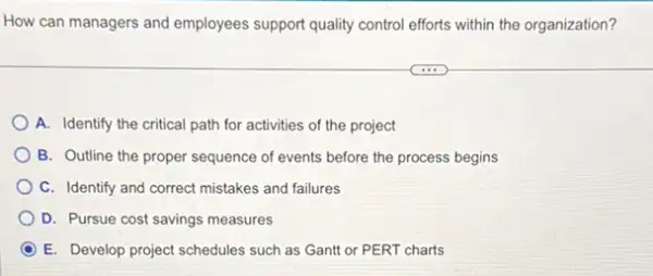 How can managers and employees support quality control efforts within the organization?
A. Identify the critical path for activities of the project
B. Outline the proper sequence of events before the process begins
C. Identify and correct mistakes and failures
D. Pursue cost savings measures
E. Develop project schedules such as Gantt or PERT charts