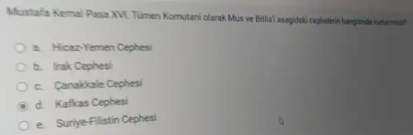 Mustafa Kemal Pasa XVI. Tümen Komutani olarak Mus ve Bitlisi asagidak cephelerin hangisinde kurtamistif?
a. Hicaz-Yemen Cephesi
b. Irak Cephesi
c. Canakkale Cephesi
D d. Kafkas Cephesi
e. Suriye-Filistin Cephesi