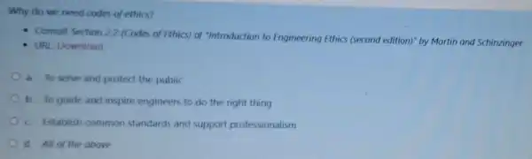 Why do we need codes of ethics?
Consult Section 22 (Codes of Ethics) of "Introduction to Engineering Ethics (second edition) by Martin and Schinzinger
URL: Download
a. To serve and protect the public
b. To guide and inspire engineers to do the right thing
c Establish common standards and support professionalism
d. All of the above