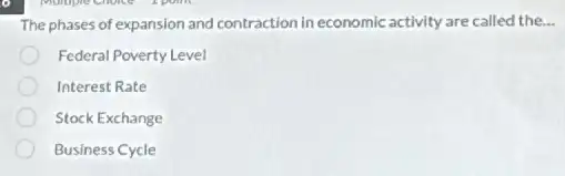 The phases of expansion and contraction in economic activity are called the...
Federal Poverty Level
Interest Rate
Stock Exchange
Business Cycle