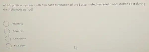 Which political system existed in each civilization of the Eastern Mediterranean and Middle East during
the Hellenistic period?
Autocracy
Patriarchy
Democracy
Feudalism