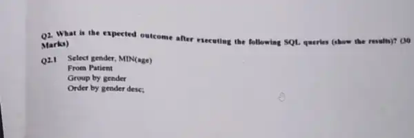 Q2. What is the expected outcome after executing the following SQL queries (show the results)? 00
Marks)
Q2.1 Select gender MIN(age)
From Patient
Group by gender
Order by gender desc: