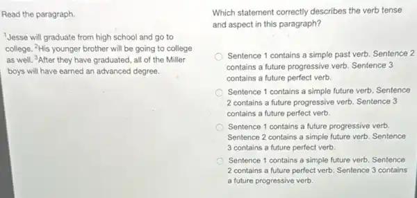 Read the paragraph.
Uesse will graduate from high school and go to
college. "His younger brother will be going to college
as well. "After they have graduated, all of the Miller
boys will have earned an advanced degree.
Which statement correctly describes the verb tense
and aspect in this paragraph?
Sentence 1 contains a simple past verb. Sentence 2
contains a future progressive verb. Sentence 3
contains a future perfect verb
Sentence 1 contains a simple future verb. Sentence
2 contains a future progressive verb. Sentence 3
contains a future perfect verb
Sentence 1 contains a future progressive verb.
Sentence 2 contains a simple future verb. Sentence
3 contains a future perfect verb
Sentence 1 contains a simple future verb. Sentence
2 contains a future perfect verb. Sentence 3 contains
a future progressive verb.