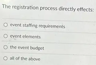 The registration process directly effects:
event staffing requirements
event elements
the event budget
all of the above