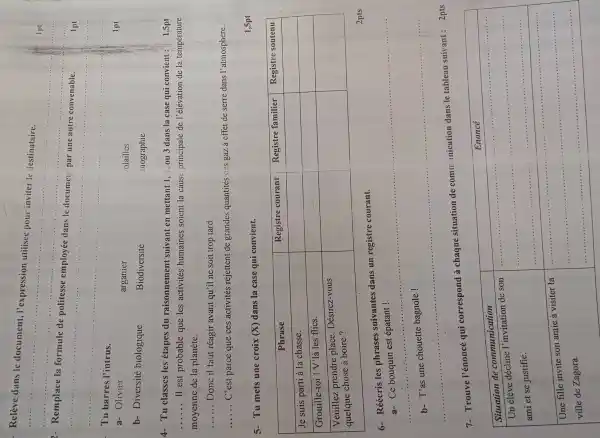 Relève dans le document, l'expression utilisée pour inviter le destinatoire.
Remplace la formule de politesse employée dans le document par une autre convenable.
 1 mathrm(pt) 
Tu barres l'intrus.
a- Olivier
b- Diversité biologique
arganier
Biodversité
olailes
biographie
4- Tu classes les étapes du raisonnement suivant en mettant 1,2 ou 3 dans la case qui convient :
 1 mathrm(pt) 
...... Il est probable que les activités humaines soient la cause principale de l'élévation de la température moyenne de la planète.
...... Donc il faut réagir avant qu'il ne soit trop tard.
...... C'est parce que ces activités rejettent de grandes quantités c'es gaz à effet de serre dans l'atmosphère.
5- Tu mets une croix (X) dans la case qui convient.
 1,5 mathrm(pt) 

 multicolumn(1)(|c|)( Phrase ) & Registre courant & Registre familier & Registre soutenu 
 Je suis parti à la chasse. & & & 
 Grouille-toi ! V'la les flies. & & & 
 
Veuillez prendre place. Décisiez-vous 
quelque chonge à boire?
 & & & 


6- Réécris les phrases suivantes dans un régistre courant.
2pts
a- C'é bouquin est épendant !
b- T'as une chouette bagnole !
7- Trouve l'énoncé qui correspond à chaque situation de comm inieation dans le tableau suivant : 2pts

 Situation de communication & 
 }(l)
Un élève decline l'invitation de son 
ami et se justifie.
 & 
 
Une fille invite son amie à visiter la 
ville de Zagora.
 &