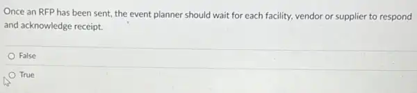 Once an RFP has been sent, the event planner should wait for each facility, vendor or supplier to respond
and acknowledge receipt.
False
True