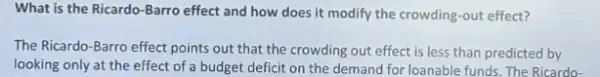 What is the Ricardo -Barro effect and how does it modify the crowding-out effect?
The Ricardo-Barro effect points out that the crowding out effect is less than predicted by
looking only at the effect of a budget deficit on the demand for loanable funds. The Ricardo-