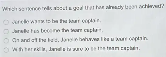 Which sentence tells about a goal that has already been achieved?
Janelle wants to be the team captain.
Janelle has become the team captain.
On and off the field, Janelle behaves like a team captain.
With her skills, Janelle is sure to be the team captain.