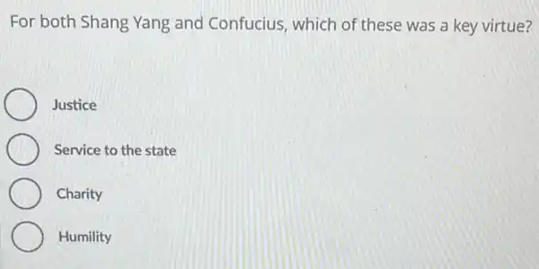 For both Shang Yang and Confucius, which of these was a key virtue?
Justice
Service to the state
Charity
Humility