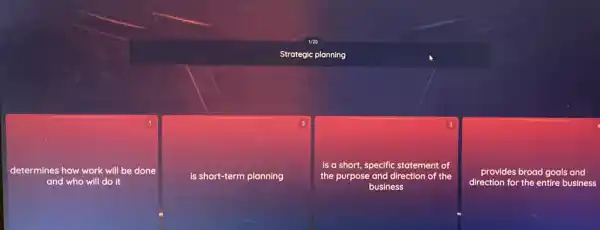 Strategic planning
determines how work will be done
and who will do it
is short-term planning
square 
e
Ic statement of
the purpose
provides broad goals and
direction for the entire business