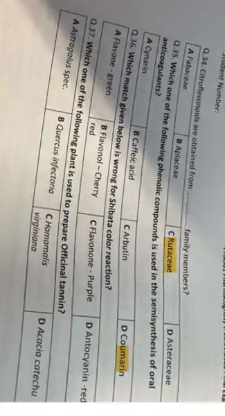 stucent Number:
Q.34. Citroflavonoids are obtained from family members?
A Fabaceae
B Apiaceae
C Rutaceae
D Asteraceae
Q.35. Which one of the following phenolic compounds is used in the semisynthesis of oral anticoagulants?
A Cynarin
B Caffeic acid
C Arbutin
D Coumarin
Q.36. Which match given below is wrong for Shibata color reaction?

 A Flavone - green & }(l)
B Flavonol-Cherry 
red
 & C Flavonone - Purple & D Antocyanin -red 


Q.37. Which one of the following plant is used to prepare Official tannin?
A Astragalus spec.
B Quercus infectoria
C Hamamalis
D Acacia catechu virginiana