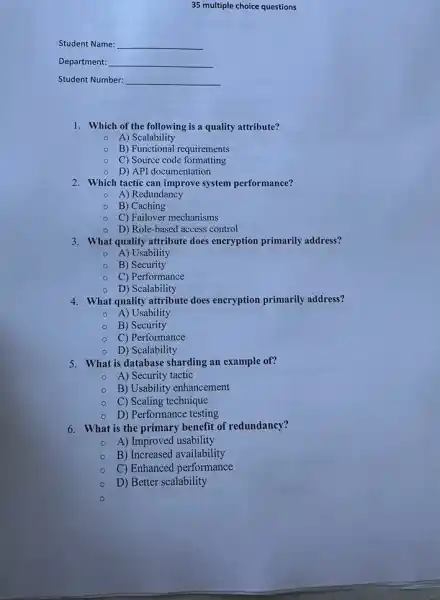 Student Name: __
Department: __
Student Number: __
35 multiple choice questions
1. Which of the following is a quality attribute?
- A) Scalability
- B) Functional requirements
- C) Source code formatting
- D) API documentation
2. Which tactic can improve system performance?
A) Redundancy
B) Caching
C) Failover mechanisms
D) Role-based access control
3. What quality attribute does encryption primarily address?
- A) Usability
B) Security
C) Performance
- D) Scalability
4. What quality attribute does encryption primarily address?
A) Usability
B) Security
C) Performance
D) Scalability
5. What is database sharding an example of?
A) Security tactic
B) Usability enhancement
C) Scaling technique
D) Performance testing
6. What is the primary benefit of redundancy?
- A) Improved usability
B) Increased availability
C) Enhanced performance
D) Better scalability