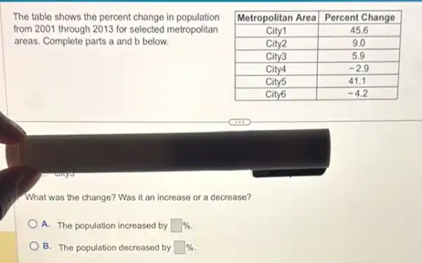 The table shows the percent change in population from 2001 through 2013 for selected metropolitan areas. Complete parts mathrm(a) and mathrm(b) below.

 Metropolitan Area & Percent Change 
 City1 & 45.6 
 City2 & 9.0 
 City3 & 5.9 
 City4 & -2.9 
 City5 & 41.1 
 City6 & -4.2 


What was the change? Was it an increase or a decrease?
A. The population increased by square % .
B. The population decreased by square % .