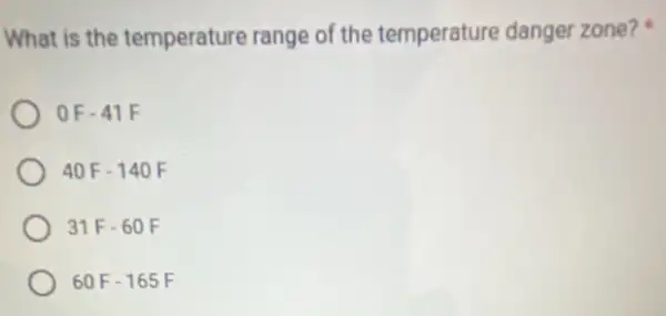 What is the temperature range of the temperature danger zone?
0F-41F
40F-140F
31F-60F
60F-165F