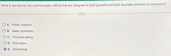 What is the term for the communication efforts that are designed to build goodwill and build favorable attitudes in consumers?
A. Public relations
B. Sales promotion
C. Personal selling
D. Promotion
C E. Advertising