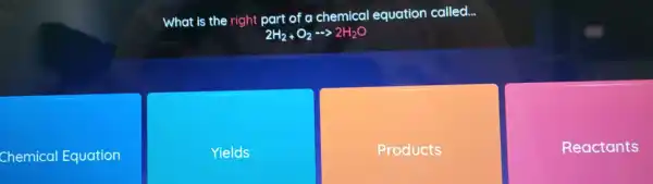 What'stheright part of achemical equation called
2H_(2)+O_(2)... 2H_(2)O
Chemical Equation
Yields
Products
Reactants